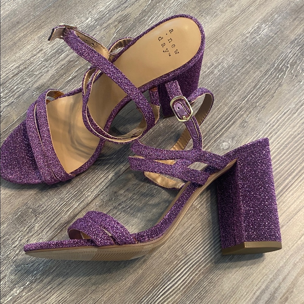 EUC Purple Glitter Open Toe Heeled Glam Girly Sandals Heels 9 - Picture 4 of 8